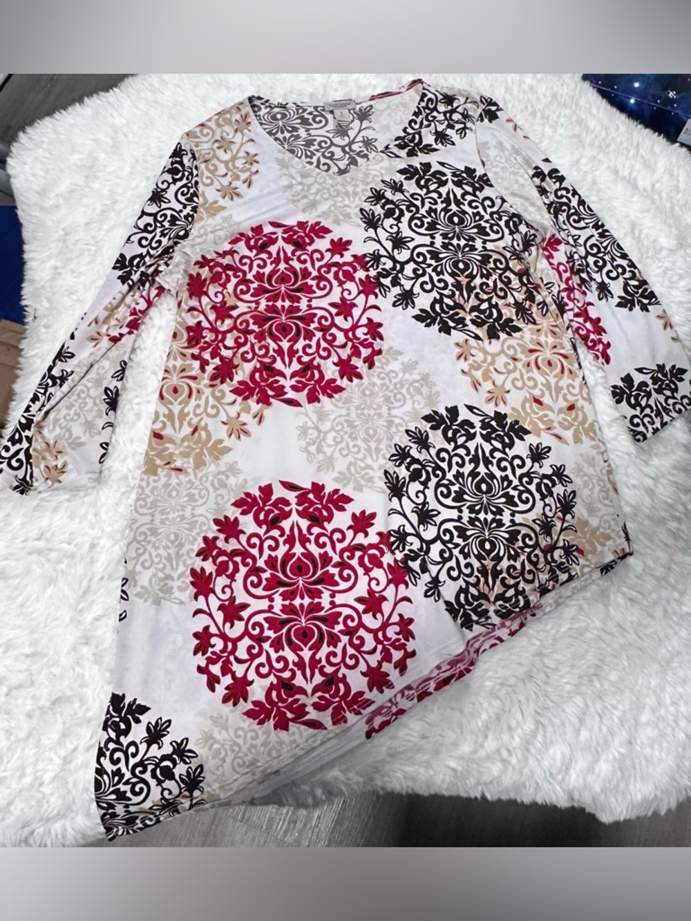 Chico's Asymmetrical White Blouse with Fuchsia, Black and Tan Medallion Print
